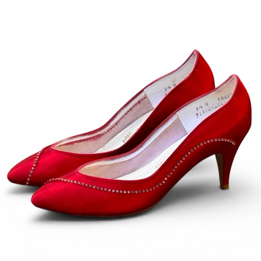 80s Vintage Red Satin Slipper Kitten Heels w/Rhinestones Made in the USA 7 1/2